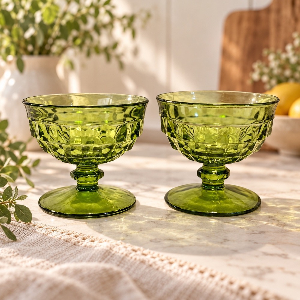 Vintage Indiana Glass Whitehall Avocado Green Sherbet Cups Set of 2 MCM Retro